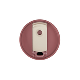 BlenderBottle 2-in-1 Shaker Tumbler lid with slider open for easy sipping. The bottle is tan-pink with a burnt sienna lid and beige flip cap. | Color#Sahara Sunset