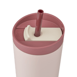 BlenderBottle 2-in-1 Shaker Tumbler lid with a straw and slider for leak-proof convenience. The tan-pink bottle has a rosewood lid, a beige flip cap. | Color#Sahara Sunset
